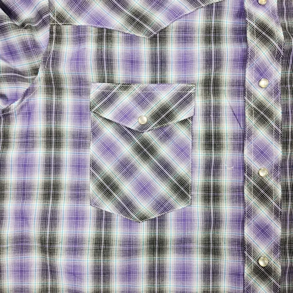 Wrangler Shirt Men XL Western Fashion Pearl Snap Purple Plaid Short‎ Sleeve